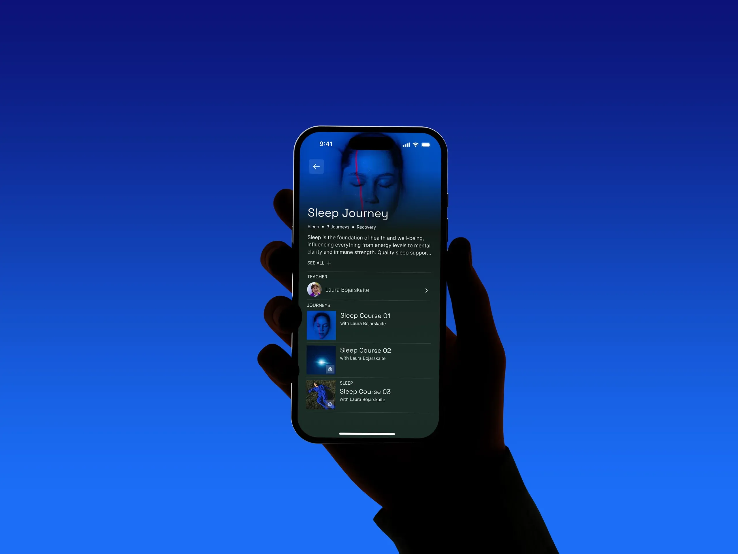 The Endor app’s Sleep Journey screen on a phone, held against a deep blue gradient.