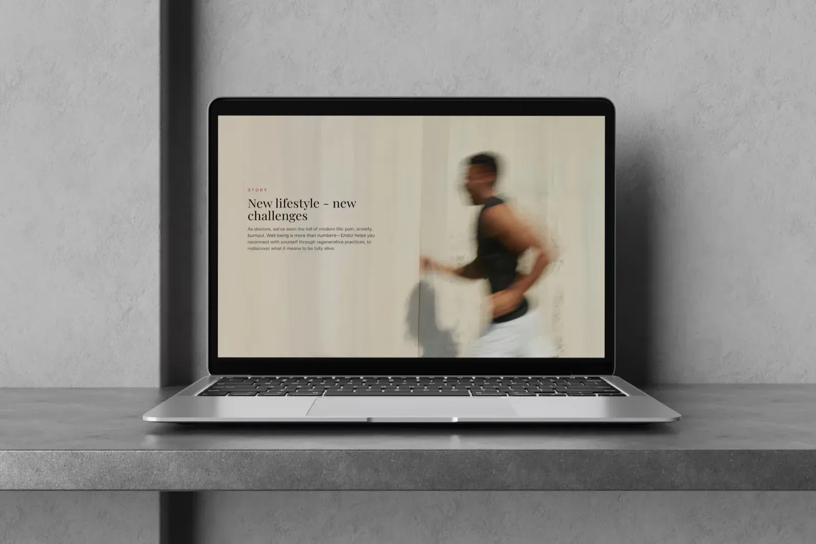 The Endor website on a laptop, a blurred runner behind the headline “New lifestyle, new challenges.”