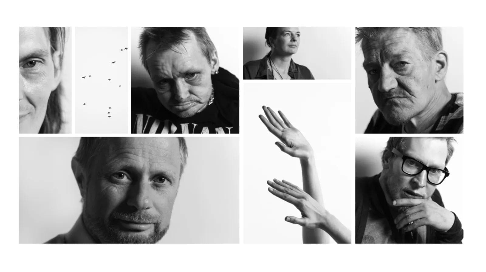 Grid of black-and-white portrait photographs from the Straff Skader campaign.