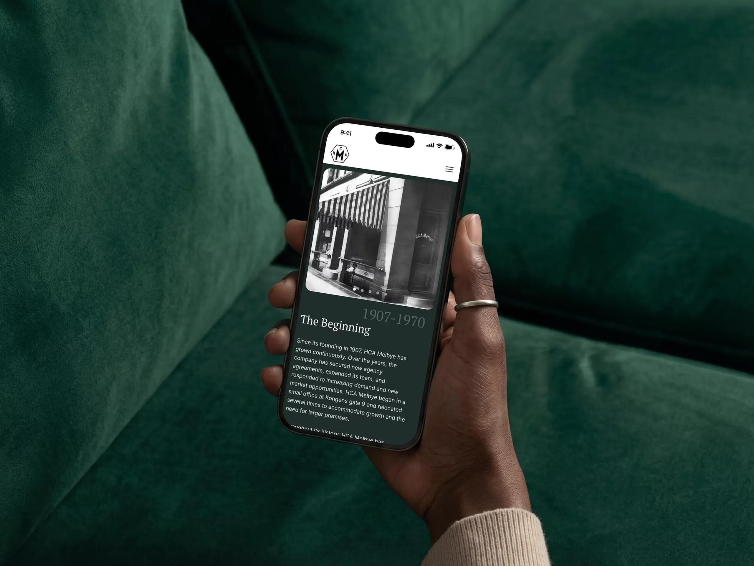 The Beginning — history chapter of the H.C.A Melbye website on a phone