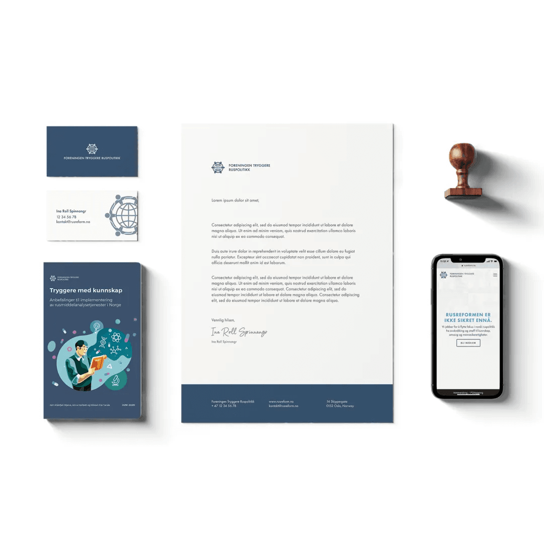 Brand identity collateral — business cards, letterhead, report cover, and mobile website mockup for Foreningen Tryggere Ruspolitikk.