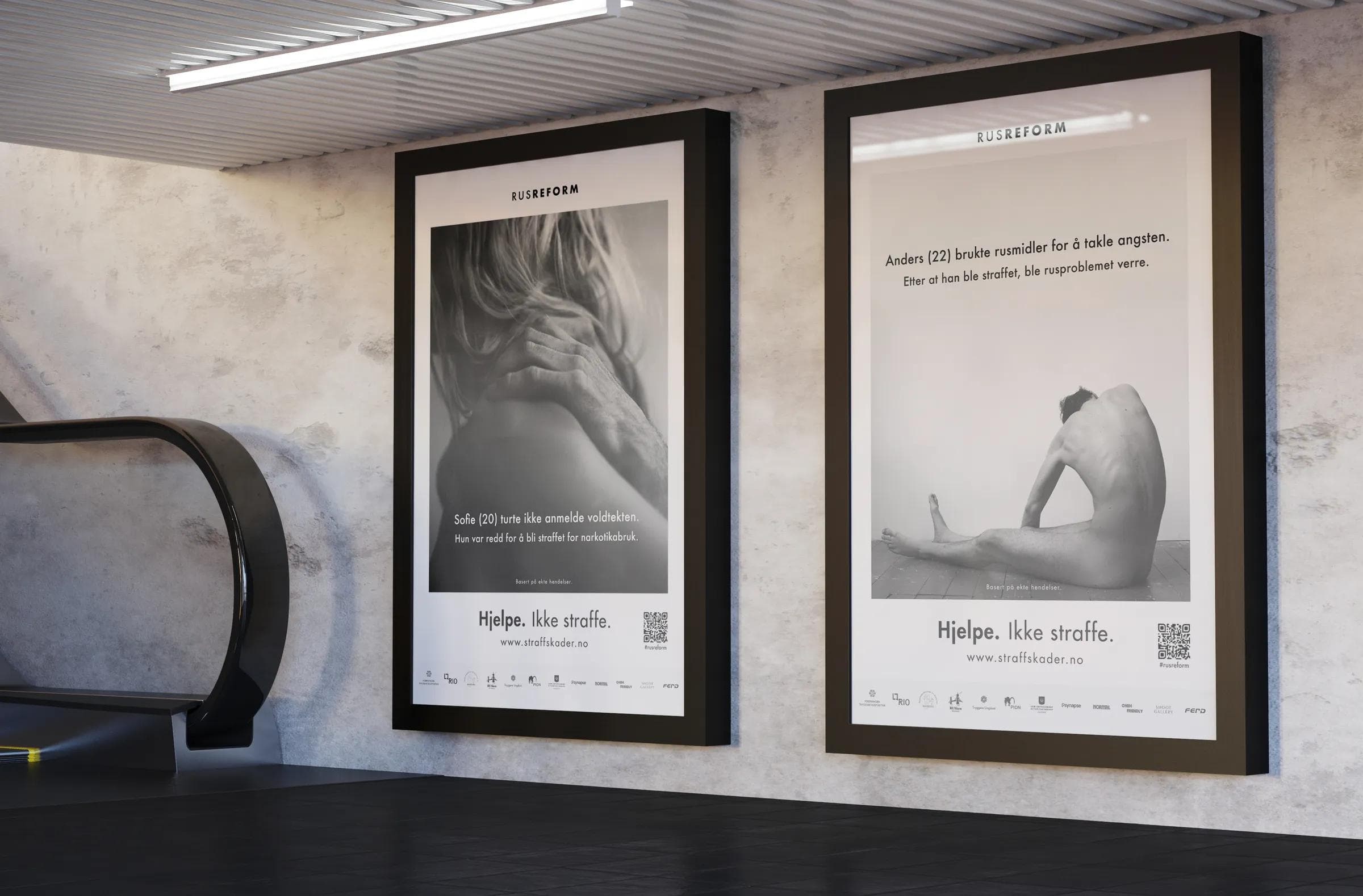 Two Straff Skader campaign posters displayed beside an escalator in an Oslo transit station.